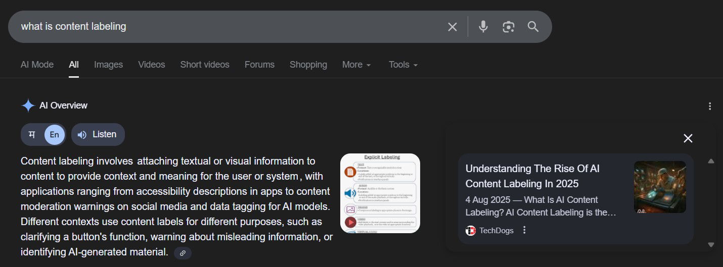 TechDogs-"What Is Answer Engine Optimization (AEO)?"-"A Screenshot Of A Google Result Of ‘What Is Content Labeling’"