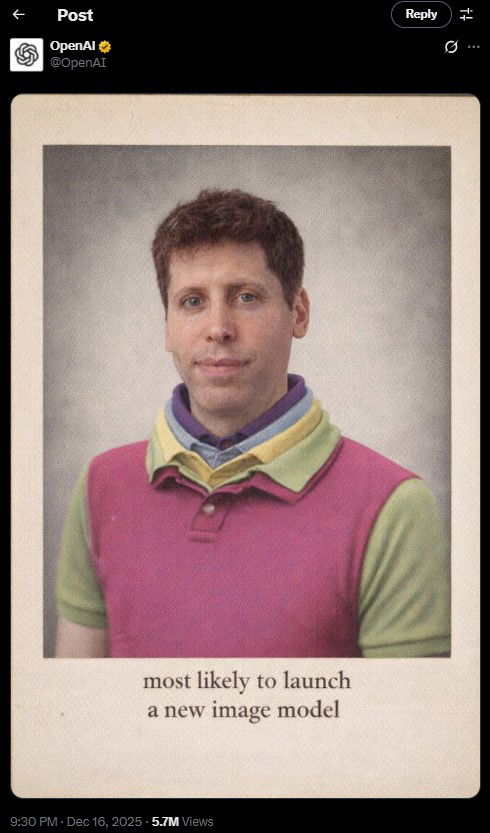 TechDogs-"OpenAI Ships A Faster “ChatGPT Images” Upgrade"-"Portrait Style Meme Featuring OpenAI CEO Sam Altman With Caption About Launching A New Image Model"