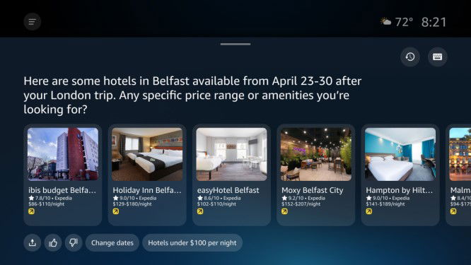 TechDogs-"What Did Amazon Announce For Alexa+"-"Alexa Plus Showing Hotel Search Results With Prices Ratings And Date Filters"