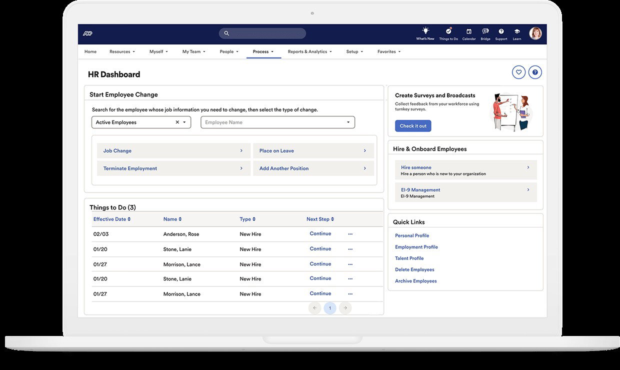 TechDogs-"ADP Workforce Now: Best For Enterprise"-"ADP Workforce Now HR Dashboard Showing Employee Changes, Onboarding Tasks, Surveys, And Quick HR Actions In A Clean, Centralized Interface"