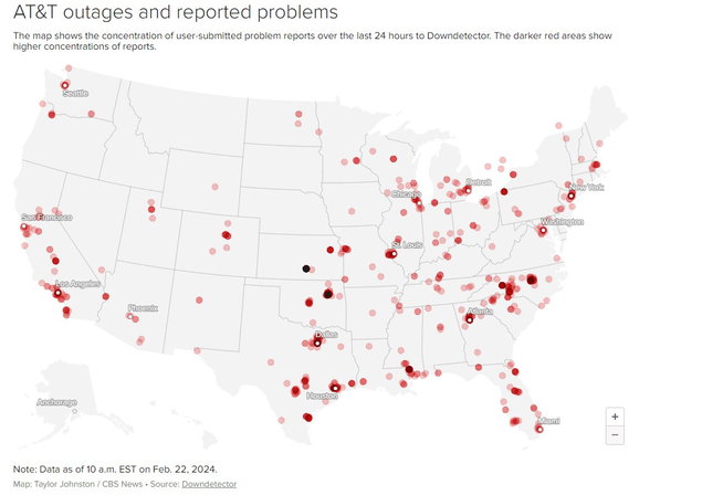 TechDogs-"Total Outages"-"US Map Showing Widespread AT&T Outage Reports Highlighted In Dense Red Clusters Across Multiple Cities"