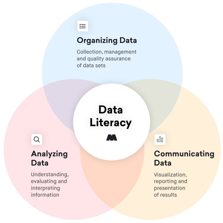 TechDogs-"Core Components Of Data Literacy"-"Venn Diagram Showing Data Literacy At The Center, Overlapping Organizing Data, Analyzing Data, And Communicating Data Skills"