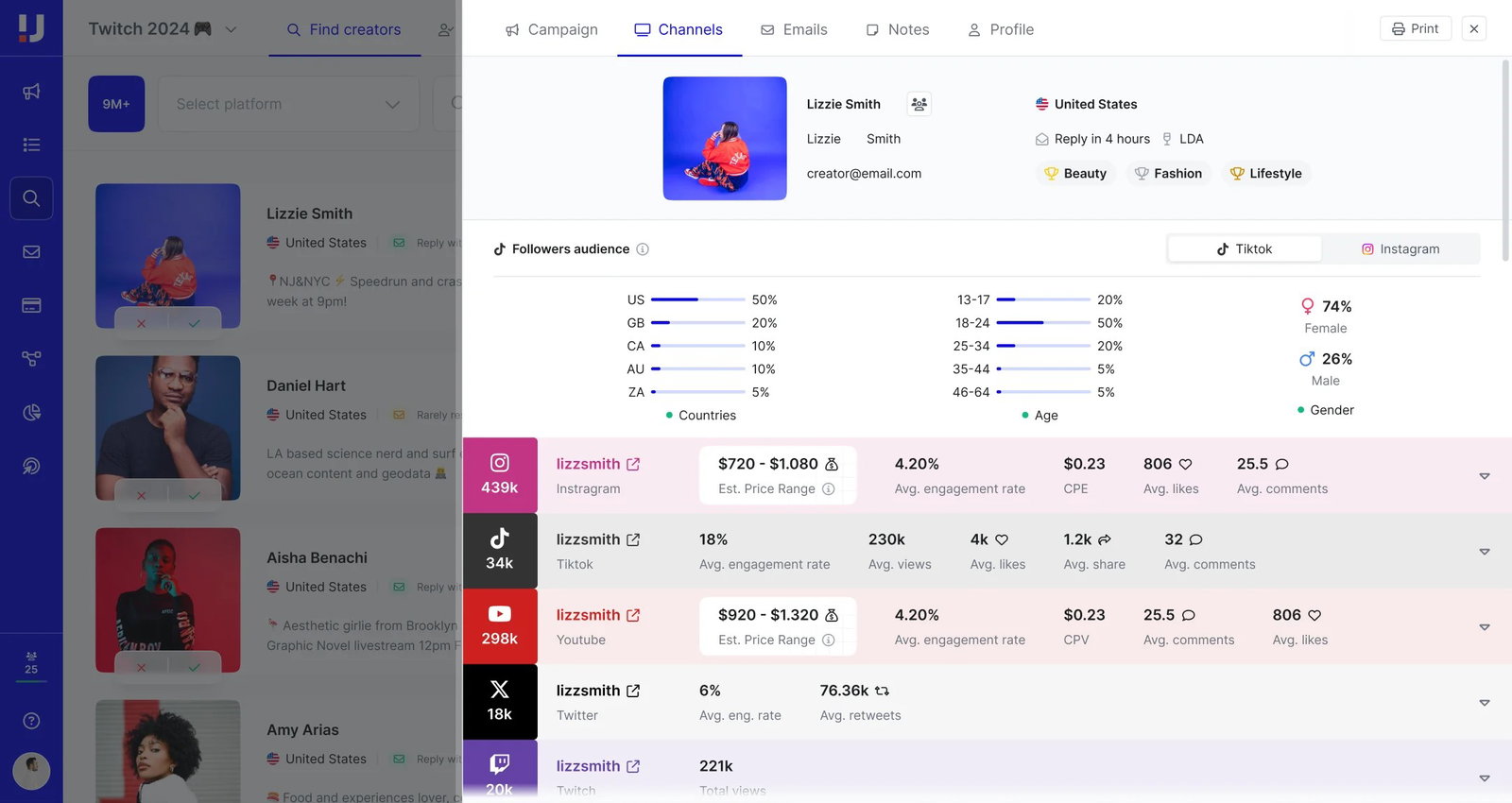 TechDogs-"Upfluence: Best AI Features"-"A Screenshot Of The Channels Tab On The Upfluence Platform"