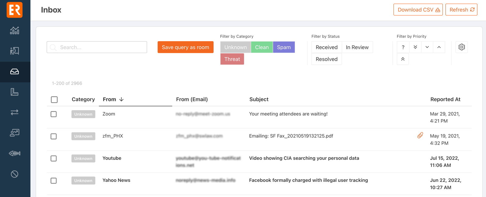 TechDogs-"KnowBe4 PhishER Plus: Best AI Features"-"A Screenshot Of The Inbox On The PhishER Plus Platform"