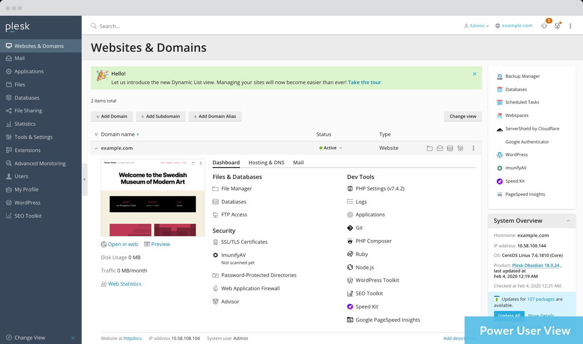 TechDogs-"Plesk: Best User Experience (UX)"-"Screenshot Of Plesk Dashboard"