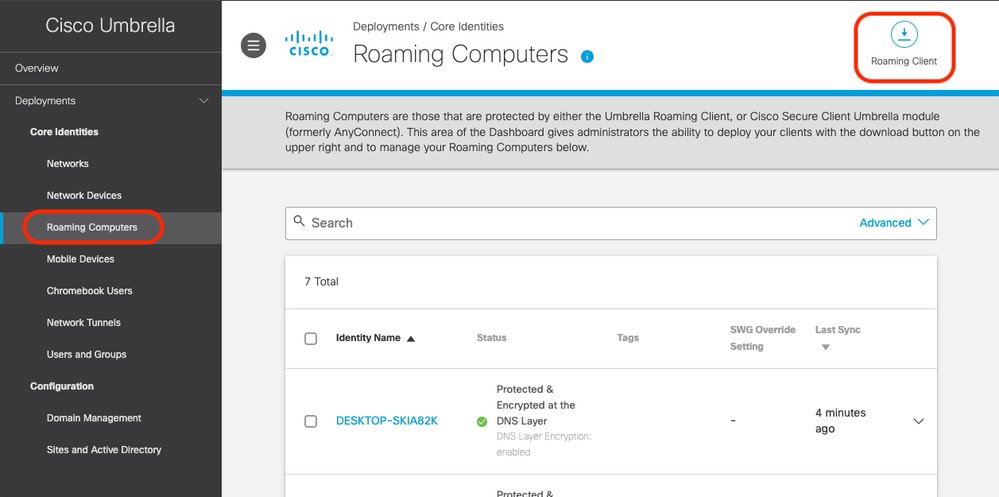 TechDogs-"Cisco Secure Client: Best For Enterprise"-"Dashboard Showing Cisco Umbrella’s Roaming Computers List With Device Status, Sync Details, And A Download Button For The Roaming Client"