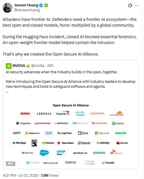 TechDogs-"Why NVIDIA Launched The Open Secure AI Alliance?"-"An Image Showing NVIDIA CEO Jensen Huang Writing On X, "Attackers Have Frontier AI. Defenders Need A Frontier AI Ecosystem"