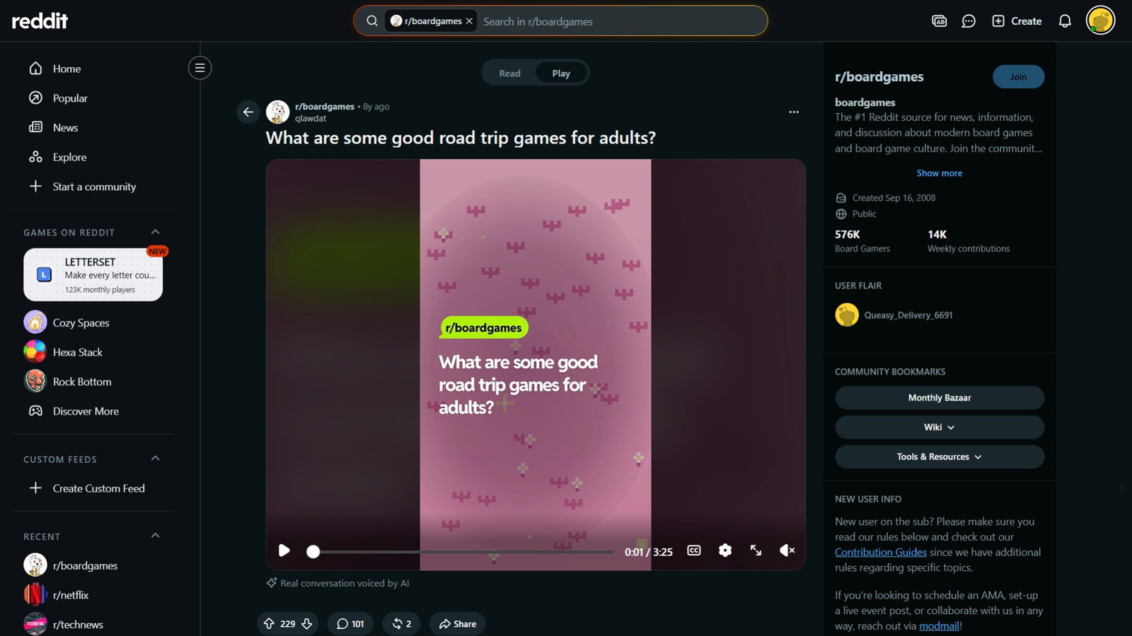 TechDogs-"Reddit’s New AI Feature Turns Text Threads Into Podcasts And Short Videos"-"A Screenshot Of The Thread Asking For Road Trip Game Recommendations For Adults Turned It Into A Video"