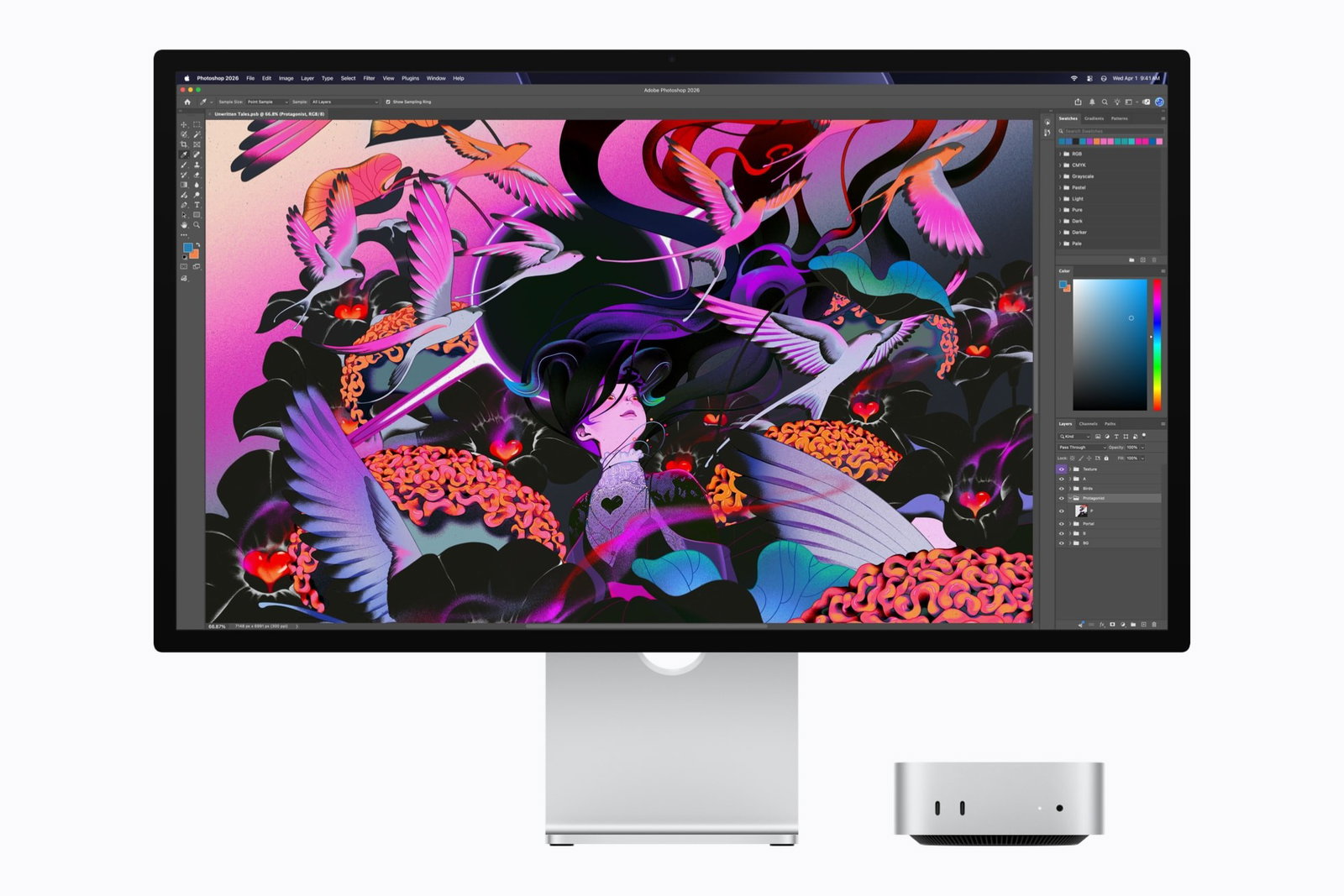 TechDogs-"What Did The Apple M5 Processor Change Before M6?"-"A Photo Showing Apple Mac Mini Connected To A Studio Display Running Adobe Photoshop For Creative Workflows"