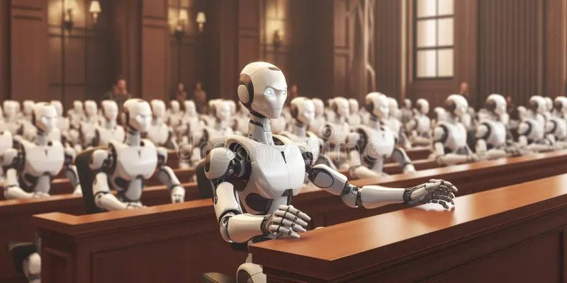 TechDogs-"Can AI Models Assist In Legal Battles?"-"An Image Of A Court Room Full Of AI-Powered Robots As Lawyers And Observers"