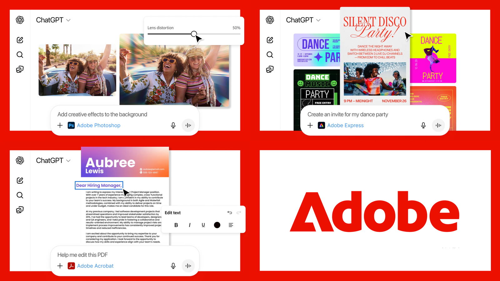 TechDogs-"An Image Depicting Adobe's Photoshop, Acrobat & Express Capabilities In ChatGPT"