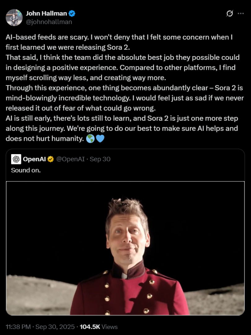 TechDogs-"A Screenshot Of OpenAI Researcher John Hallman's Post On X Replying To OpenAI's Post On X Announcing Sora 2"