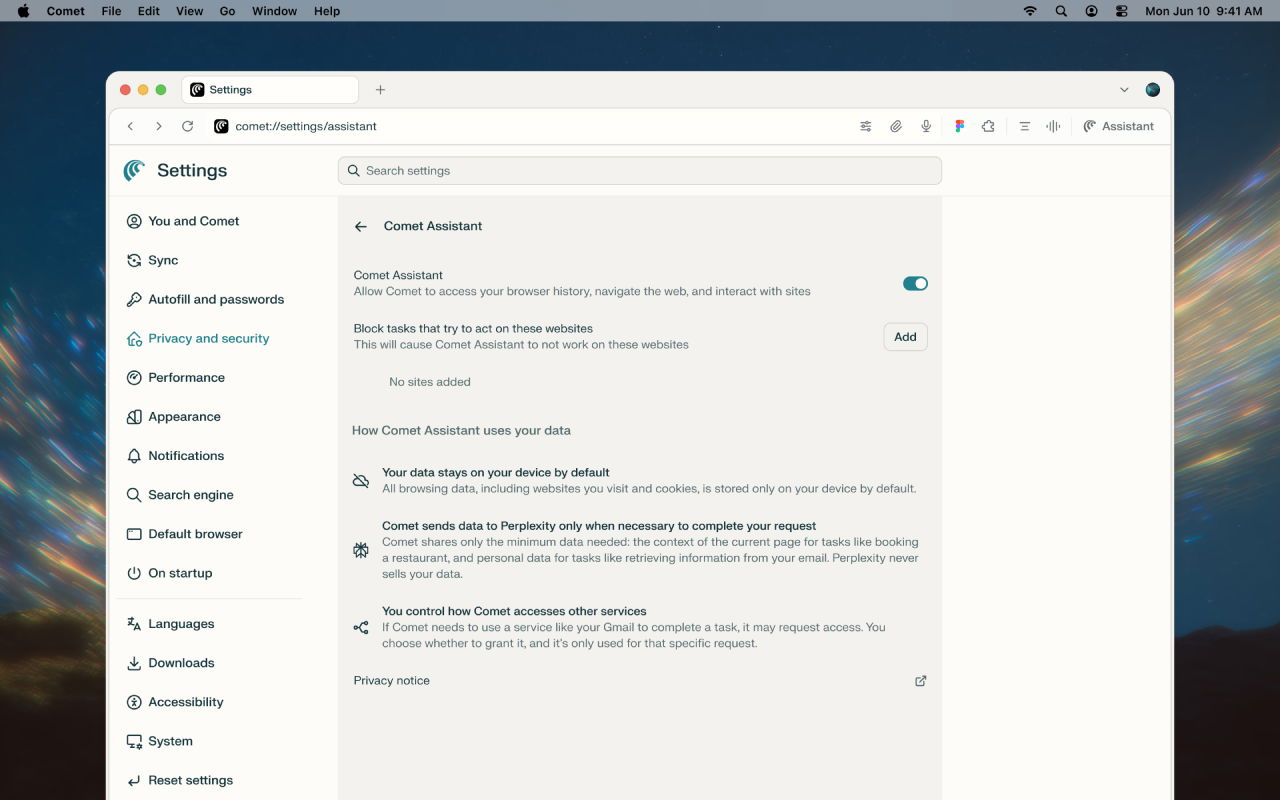 TechDogs-"An Image Of The Privacy And Security Settings Page Of Comet Assistant In Perplexity's Comet AI-Browser"