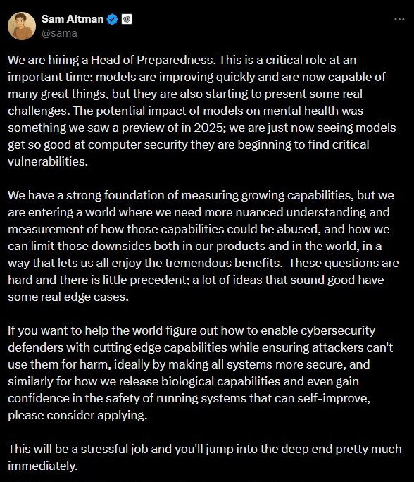 TechDogs-"OpenAI Hires Head Of AI Preparedness For Safety And Risks"-"An Image Showing A Screenshot Of Sam Altman’s Post On X About Hiring Head Of AI Preparedness"