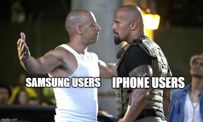 TechDogs-"Final Verdict: iPhone Duo Vs Samsung Galaxy Z Fold 8"-"Image Showing The Clash Between Samsung And iPhone Users"