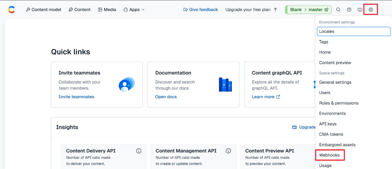 TechDogs-"Contentful: Best For Integration"-"Contentful Dashboard With Quick Links, API Usage Insights, And Settings Menu Highlighting The Webhooks Configuration Option"