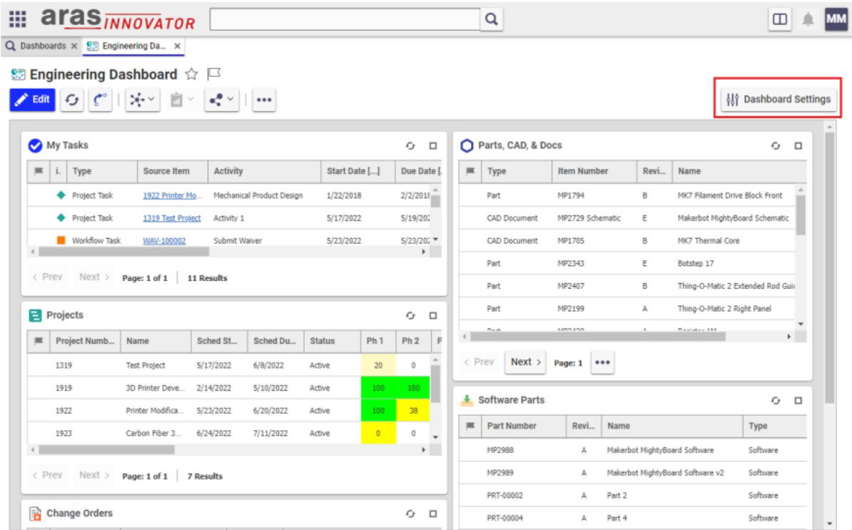 TechDogs-"Aras Innovator: Best Customization"-"Aras Innovator Dashboard Displaying Engineering Tasks, Projects, And CAD Document Management Panels"