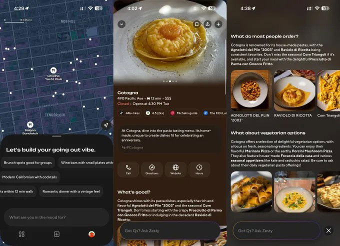 TechDogs-"DoorDash’s Zesty Adds A Pinch Of AI To Restaurant Discovery"-"Screenshots Of Doordash’s Zesty AI App Showcasing Restaurant Recommendations And Local Dining Map"