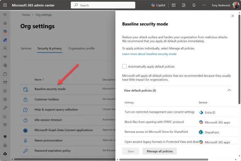 TechDogs-"What Is Microsoft’s Baseline Security Mode For Microsoft 365?"-"Microsoft 365 Admin Center Showing Baseline Security Mode Settings For Office SharePoint Exchange Teams And Entra"