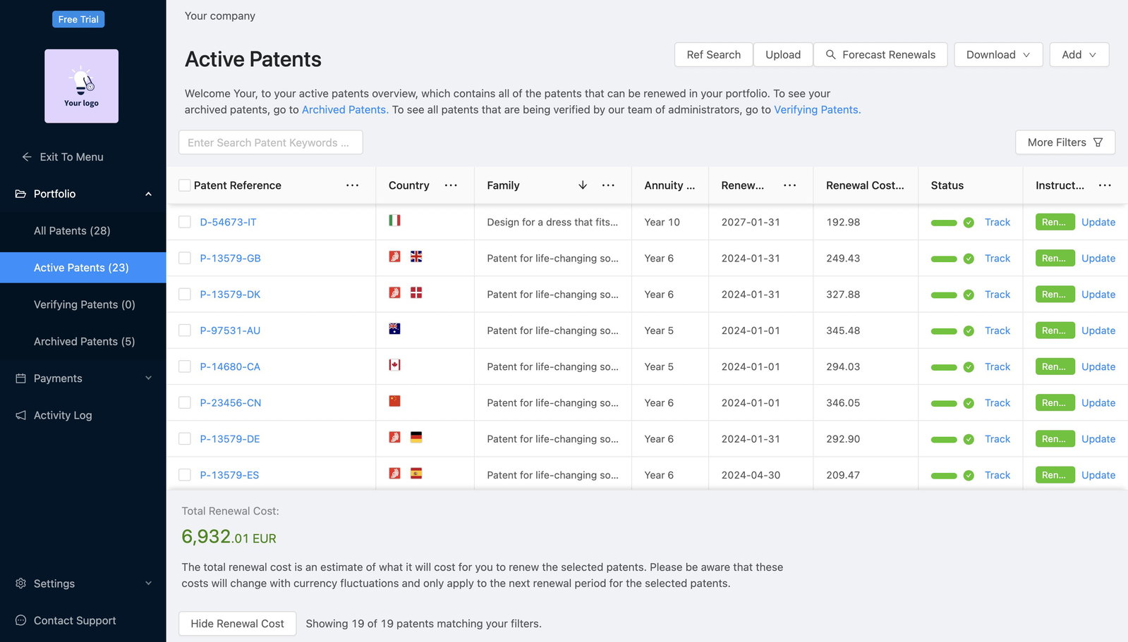 TechDogs-"PatentRenewal.com: Best For Value"-"A Screenshot Of The Active Patents Tab Of The AppColl Platform"