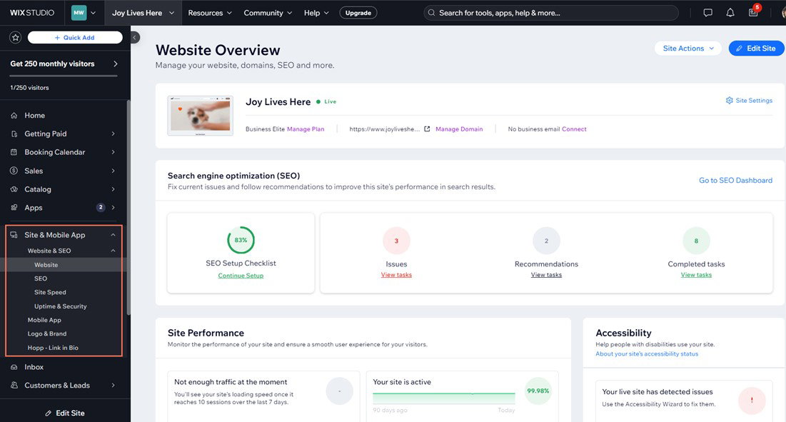 TechDogs-"Wix: Best User Experience (UX)"-"Screenshot Of Wix Dashboard"