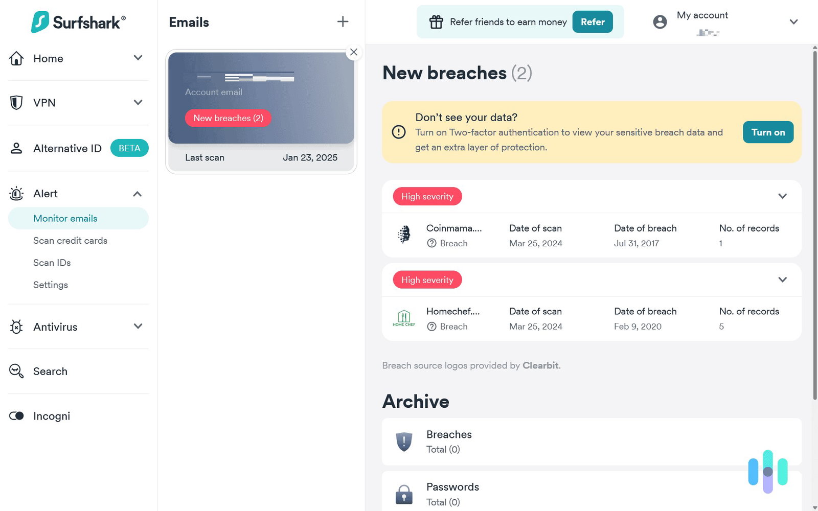 TechDogs-"Surfshark VPN: Best Value"-"Surfshark Dashboard Displaying Email Breach Alerts, Severity Indicators, Scan Dates, And Monitoring Options In The Left Sidebar"