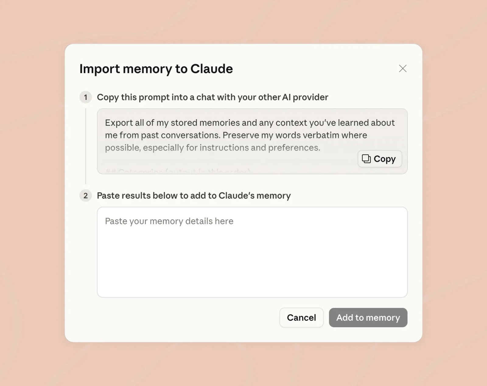 TechDogs-"How To Recreate Custom GPTs As Claude Projects"-"An Image Of Anthropic Claude's Prompt To Import Memory To Claude"