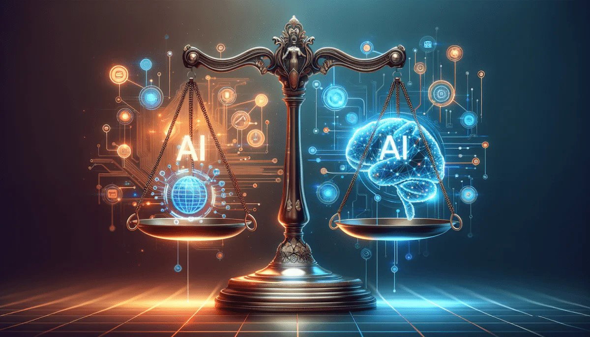 TechDogs-"Can AI Models Legally Assist Lawyers During Active Court Trials?"-"An Image Of A Balance Weighing AI Technology Vs AI-Human Input"