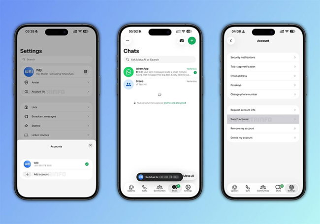 TechDogs - "WhatsApp Interface Displaying New Account List And Switch Account Options On iPhone Screens"