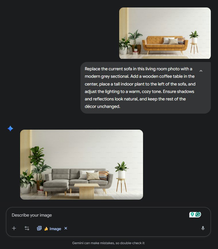 TechDogs-"Use Case 2: Interior Furniture Design"-"Modern Grey Sectional Sofa With Wooden Coffee Table And Indoor Plants In Living Room"