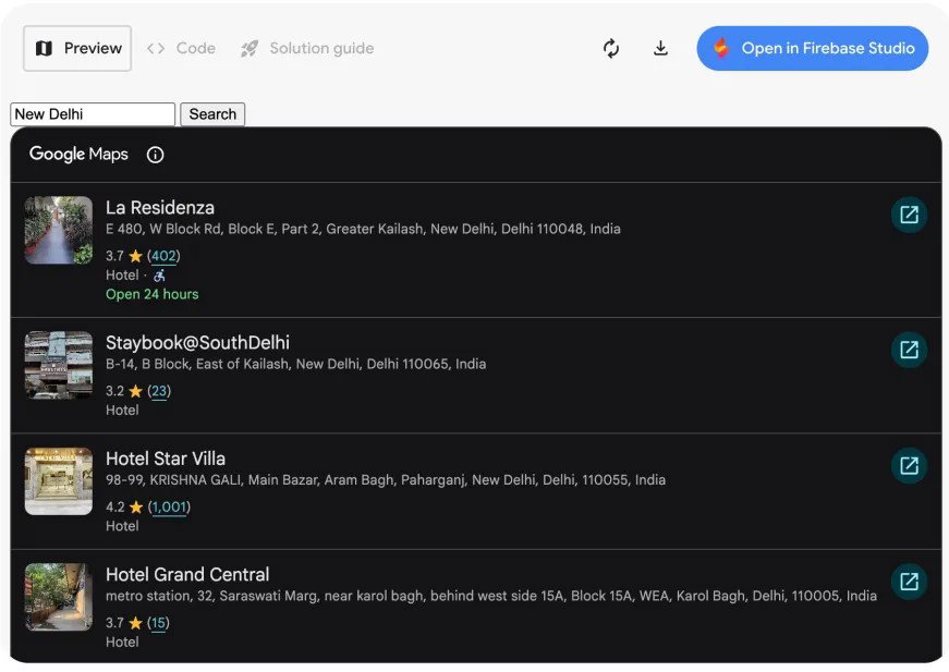 TechDogs-"Google Maps Rolls Out AI Tools For Developers And Interactive Projects"-"Screenshot Showing Google Maps AI Project Builder Listing Hotels In New Delhi"