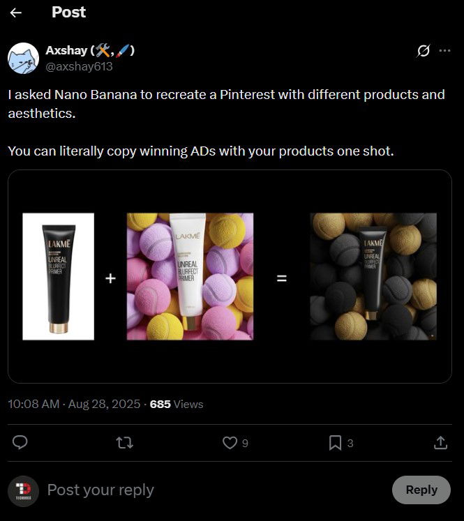 TechDogs-"E-Commerce And Product Imaging"-"A Tweet Showing AI-Generated Product Ad Combining Cosmetic Images With Colorful Textured Background"
