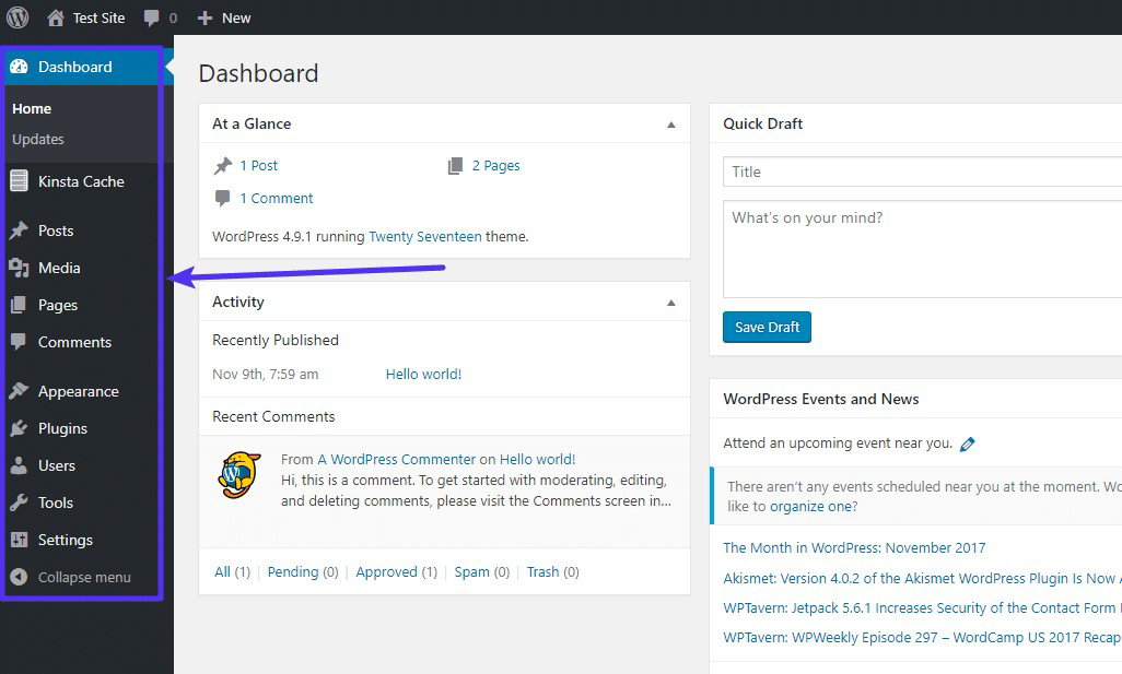 TechDogs-"WordPress.com: Best Customer Support"-"Wordpress Admin Dashboard Displaying Posts, Pages, Comments, And Site Activity Panel For Managing Website Content"
