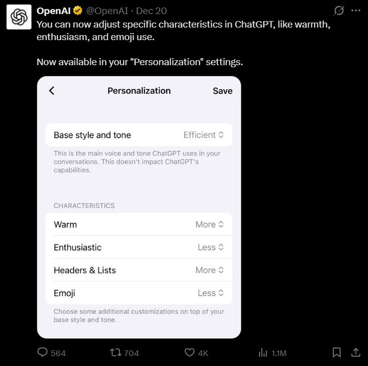 TechDogs-"What Did OpenAI Change In ChatGPT Personalization?"-"OpenAI Personalization Settings Showing ChatGPT Warmth Enthusiasm Emoji And Formatting Controls Inside The App Interface"
