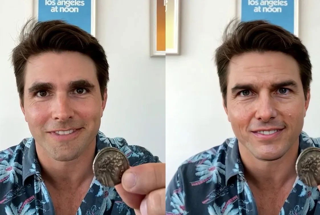 TechDogs-"Visual Inconsistencies And Artifacts"-"Side By Side Comparison Showing Real And AI Face Swap Detection Signs Of A Person Using Tom Cruise's Deepfaked Face"