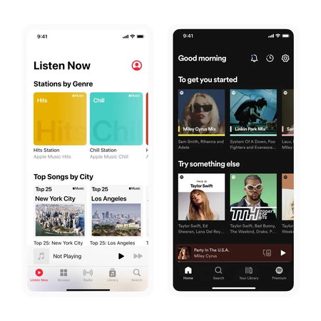 TechDogs-"Application Interface"-"An Image Comparing The Application Interface Of Apple Music (Left) And Spotify (Right)"