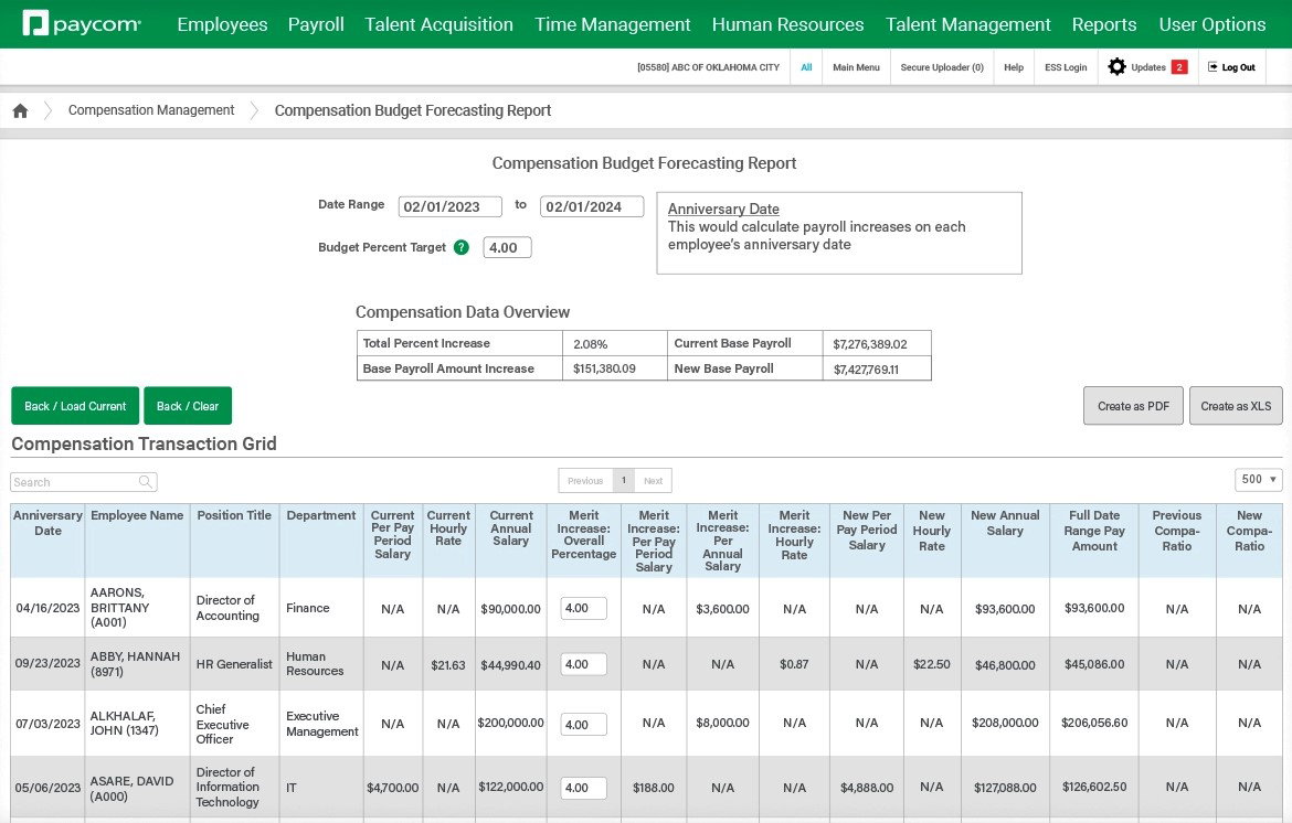 TechDogs-"Paycom: Best Overall"-"A Screenshot Of The Compensation Transaction Grid Page On The Paycom Platform"