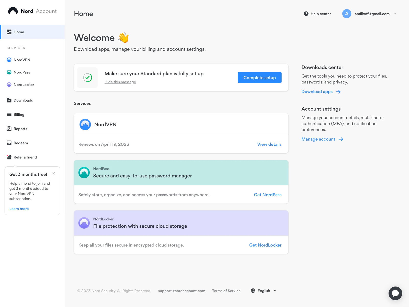 TechDogs-"NordVPN: Best Overall"-"Nord Account Page Showing Active Services, Renewal Details, Download Options, And Account Management Links In A Clean Sidebar Layout"