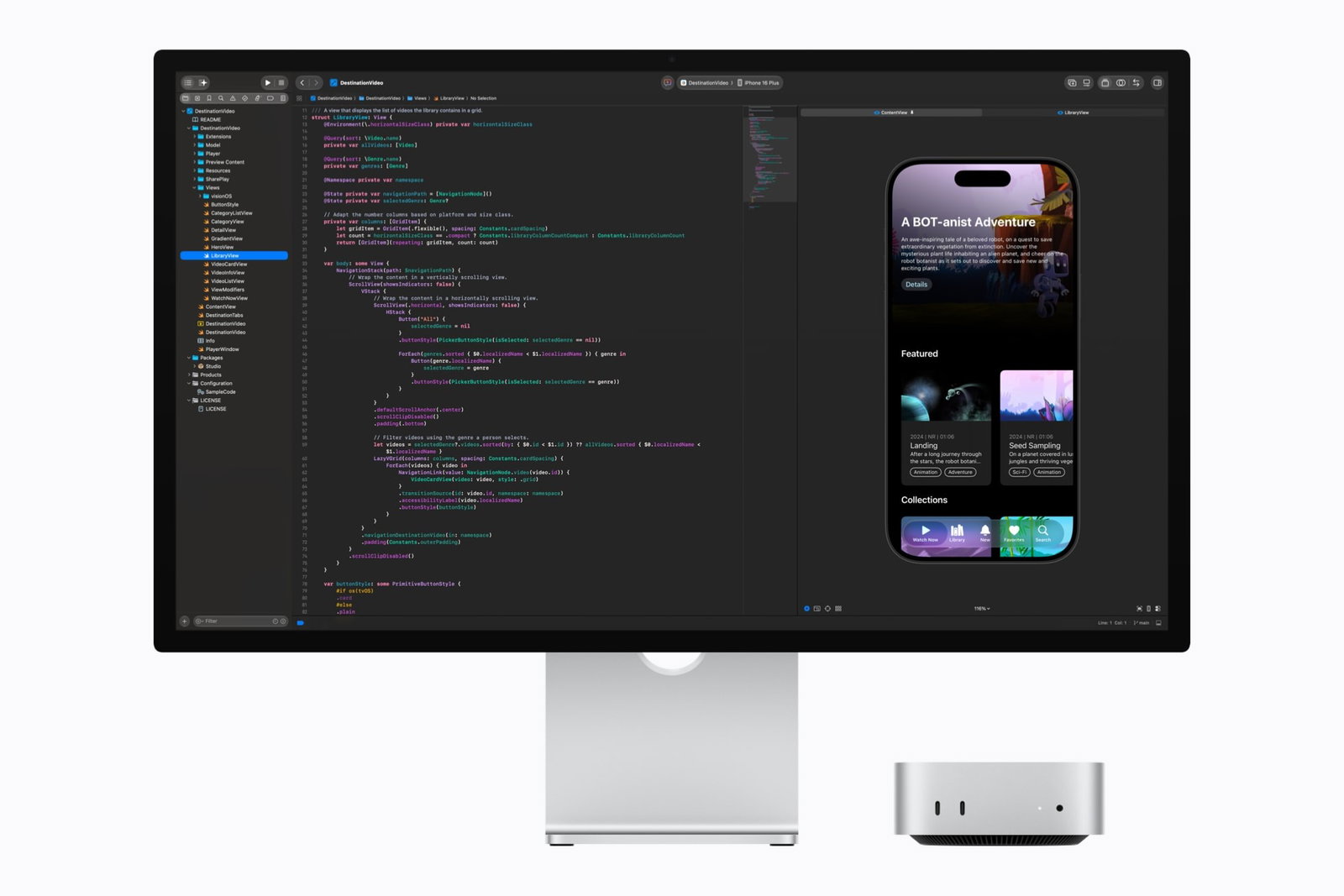 TechDogs-"Why The 2nm Apple M6 Matters"-"An Image Showing Apple Mac Mini Connected To A Studio Display Running Xcode With An iPhone App Preview"