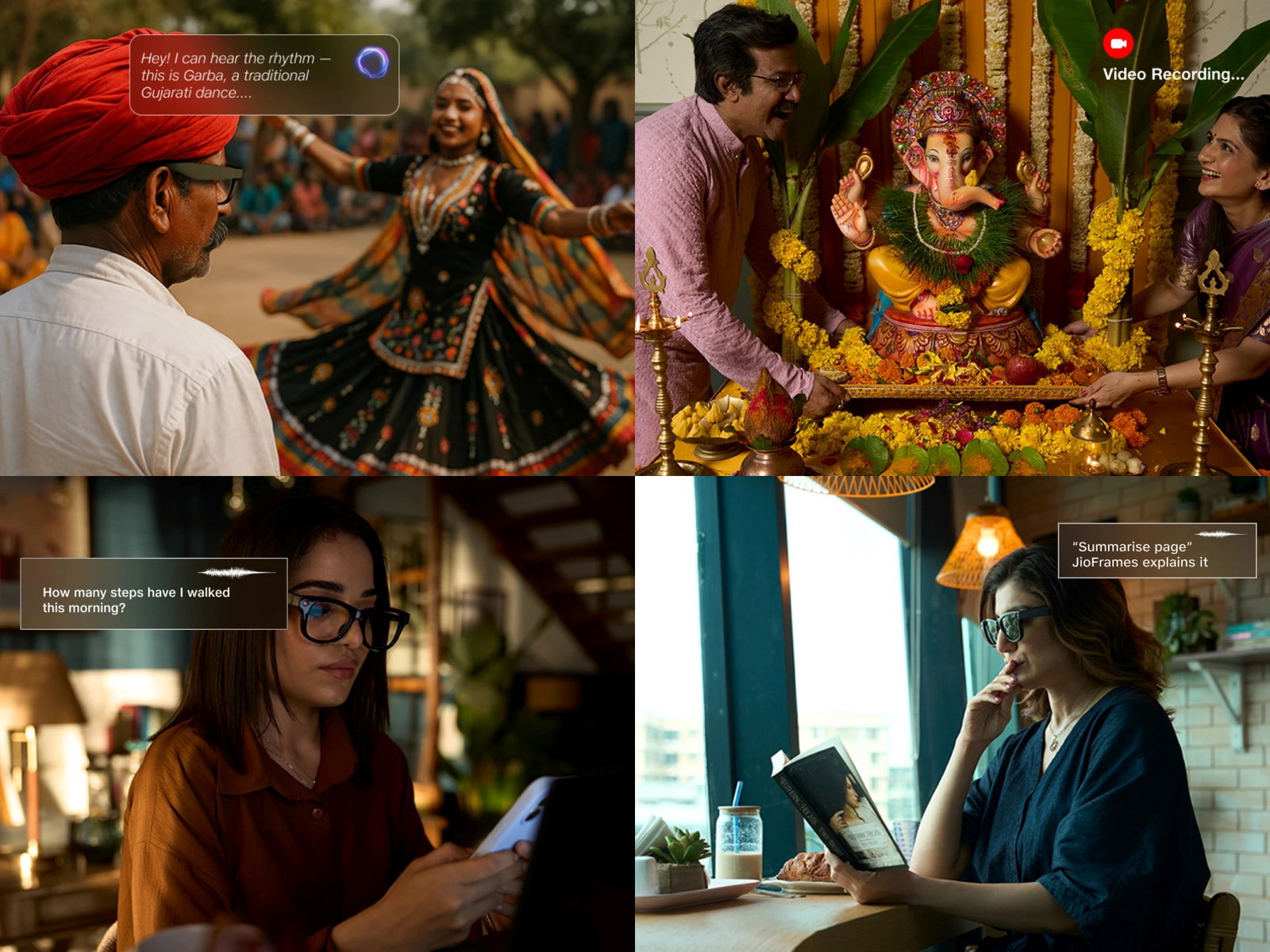 TechDogs-"Jio Smart Glasses Price, Release Date, And Availability"-"A Collage Of Images Showing Various Uses Of Reliance Jio's JioFrames"