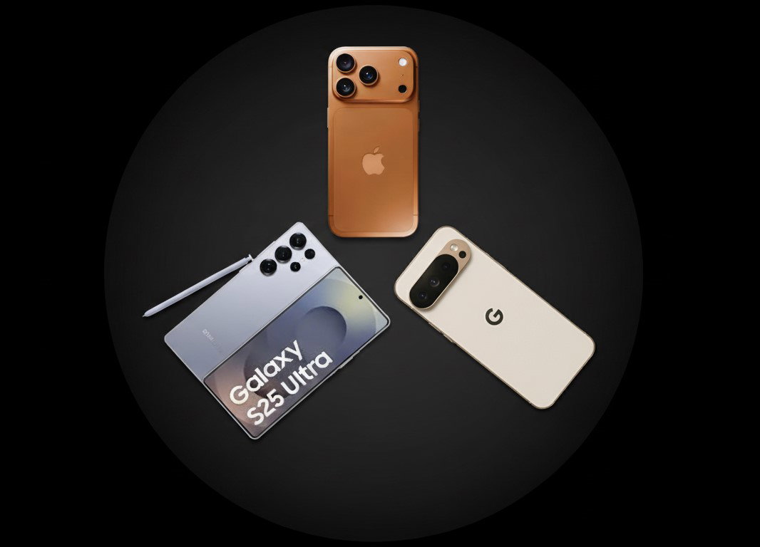 TechDogs-"iphone 17 Pro, Galaxy S25 Ultra, And Pixel 10 Pro Displayed In A Circular Layout On A Black Background, Showcasing Camera And Design Differences" TechDogs-"iphone 17 Pro, Galaxy S25 Ultra, And Pixel 10 Pro Displayed In A Circular Layout On A Black Background, Showcasing Camera And Design Differences"