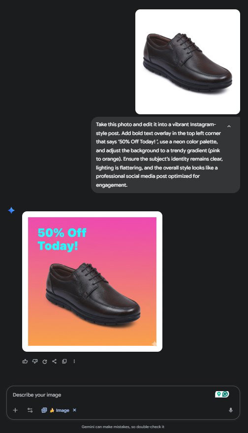 TechDogs-"Use Case 3: Social Media Content Creation"-"Black Formal Shoe With 50 Percent Off Today Text On Gradient Background"
