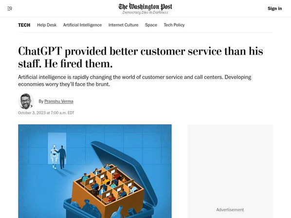 TechDogs-"Customer Service Representatives"-"Washington Post Article Headline Saying ChatGPT Provided Better Customer Service Leading To Staff Layoffs" TechDogs-"Customer Service Representatives"-"Washington Post Article Headline Saying ChatGPT Provided Better Customer Service Leading To Staff Layoffs"
