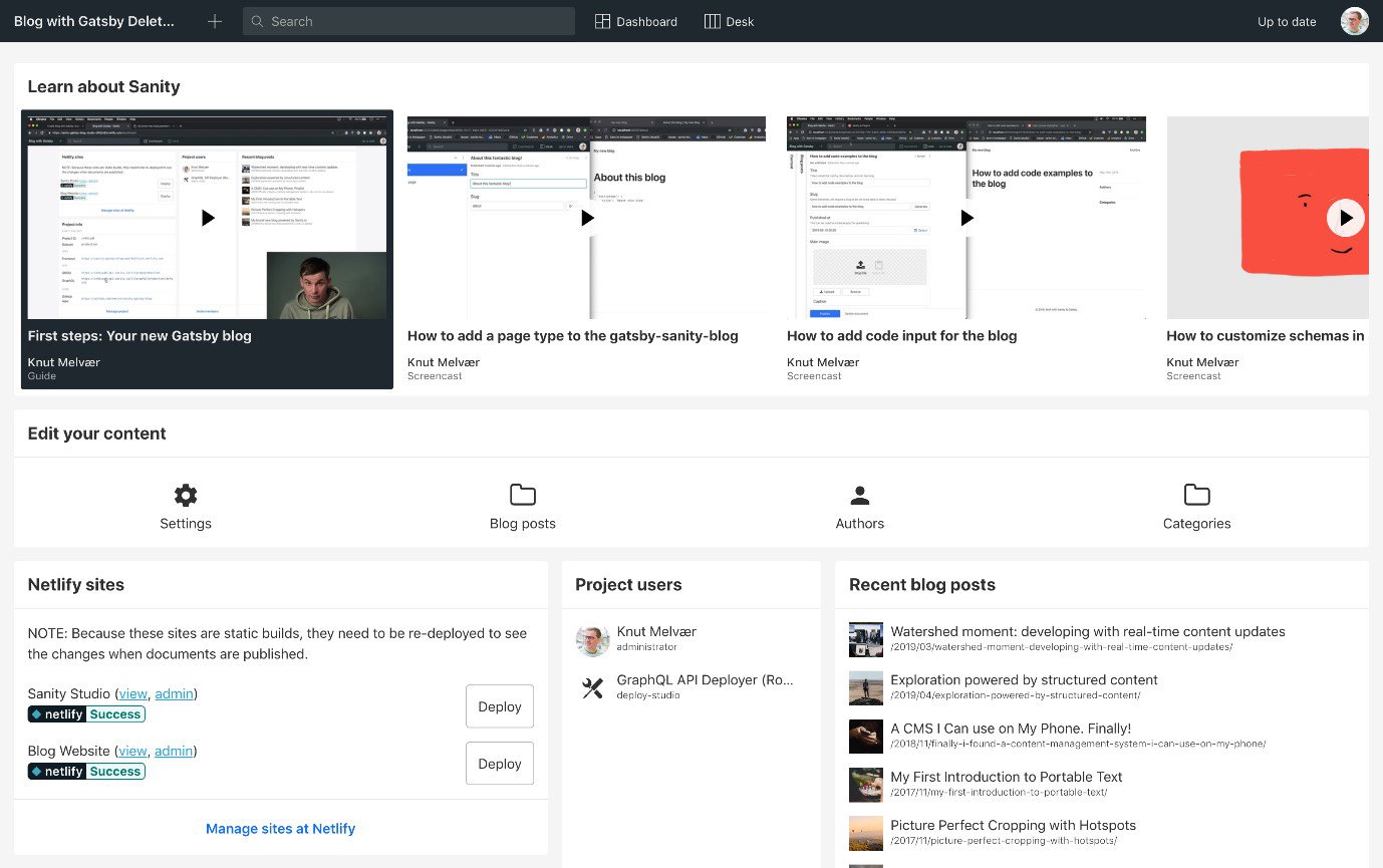 TechDogs-"Sanity Studio: Best Customization"-"Sanity Studio CMS Interface Showing Project Overview, Netlify Deployment Options, Recent Blog Posts, And Tutorial Videos"