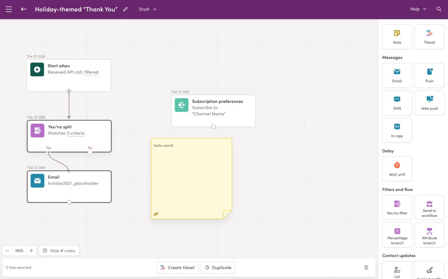 TechDogs-"Iterable: Best For Scalability"-"Iterable Workflow Builder Interface Illustrating Automation Flow For Multi-Channel Campaigns Including Email, SMS, And Push Notifications"