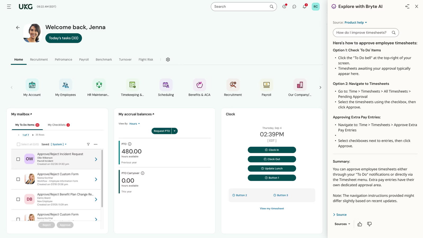 TechDogs-"UKG Ready: Best For Scalability"-"UKG Ready Workforce Management Dashboard Showing Time Tracking, PTO Balances, Payroll Access, Employee Tasks, And AI-Powered Assistance"