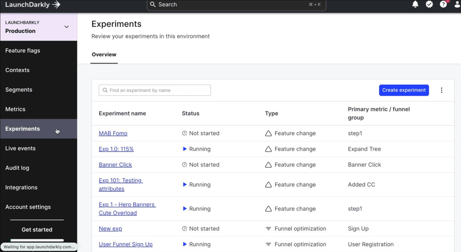 TechDogs-"LaunchDarkly: Best For Integration"-"A Screenshot Of The Experiments Tab On The LaunchDarkly Platform"