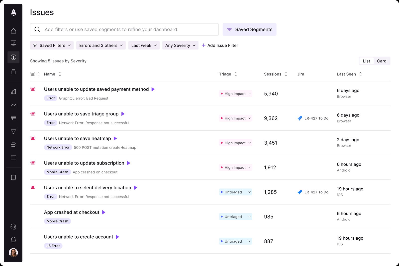 TechDogs-"LogRocket: Best AI Features"-"A Screenshot Of The Issues Tab On The LogRocket Platform"