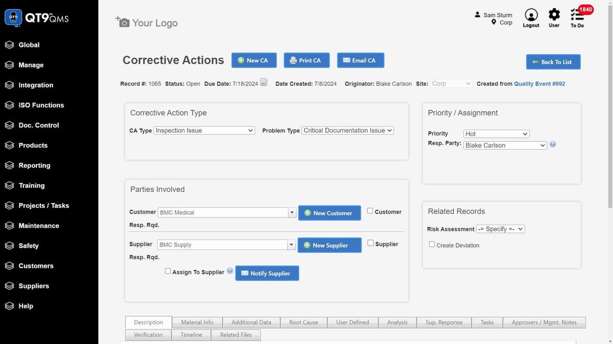 TechDogs-"QT9 QMS: Best for Small Business"-"Screenshot Of QT9 QMS Dashboard"