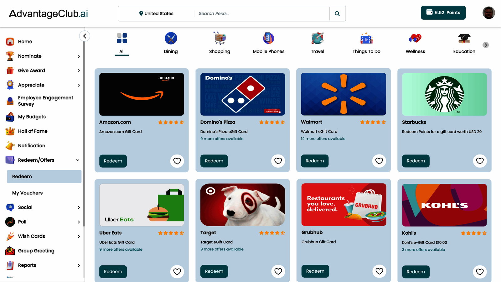 TechDogs-"Advantage Loyalty: Best AI Features"-"A Screenshot Of The Redeem Page On The AdvantageClub.ai Platform"
